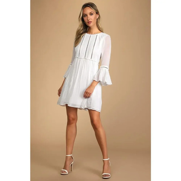 Lulus Women's Small White Crochet Lace Babydoll‎ Long Sleeve Short Party Dress - Picture 1 of 8